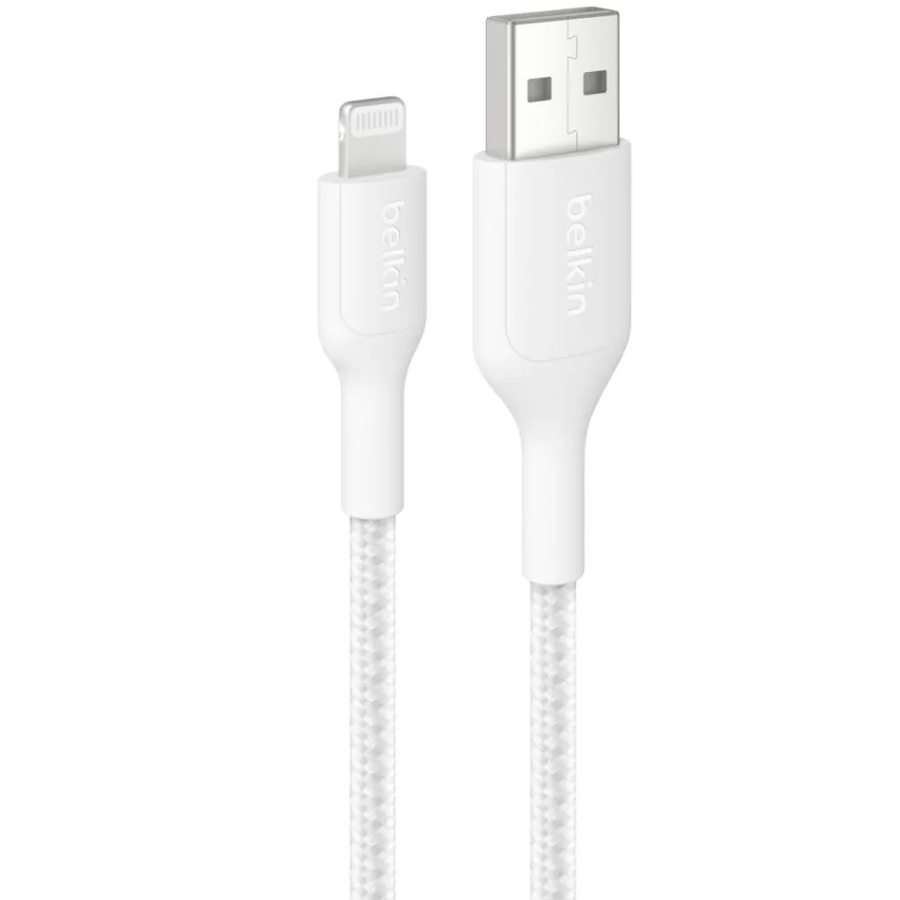 Outlet Braided USB-A Cable with Lightning Connector, 3.3ft/1m, White Charging Cables