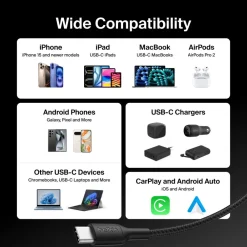 Online Braided USB-C to USB-C Cable 60W, 3.3ft/1m, Black Charging Cables|Usb-C Cables