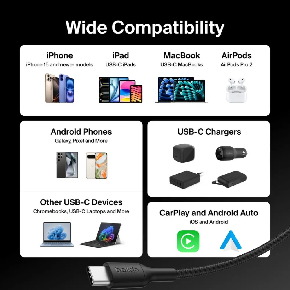 Online Braided USB-C to USB-C Cable 60W, 3.3ft/1m, Black Charging Cables|Usb-C Cables