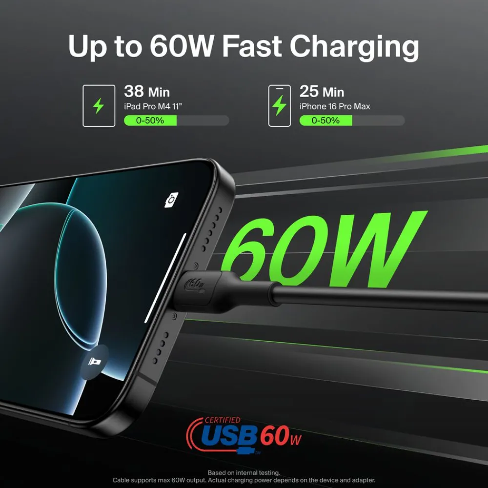 New USB-C to USB-C Cable 60W, 3.3ft/1m, Black Charging Cables|Usb-C Cables